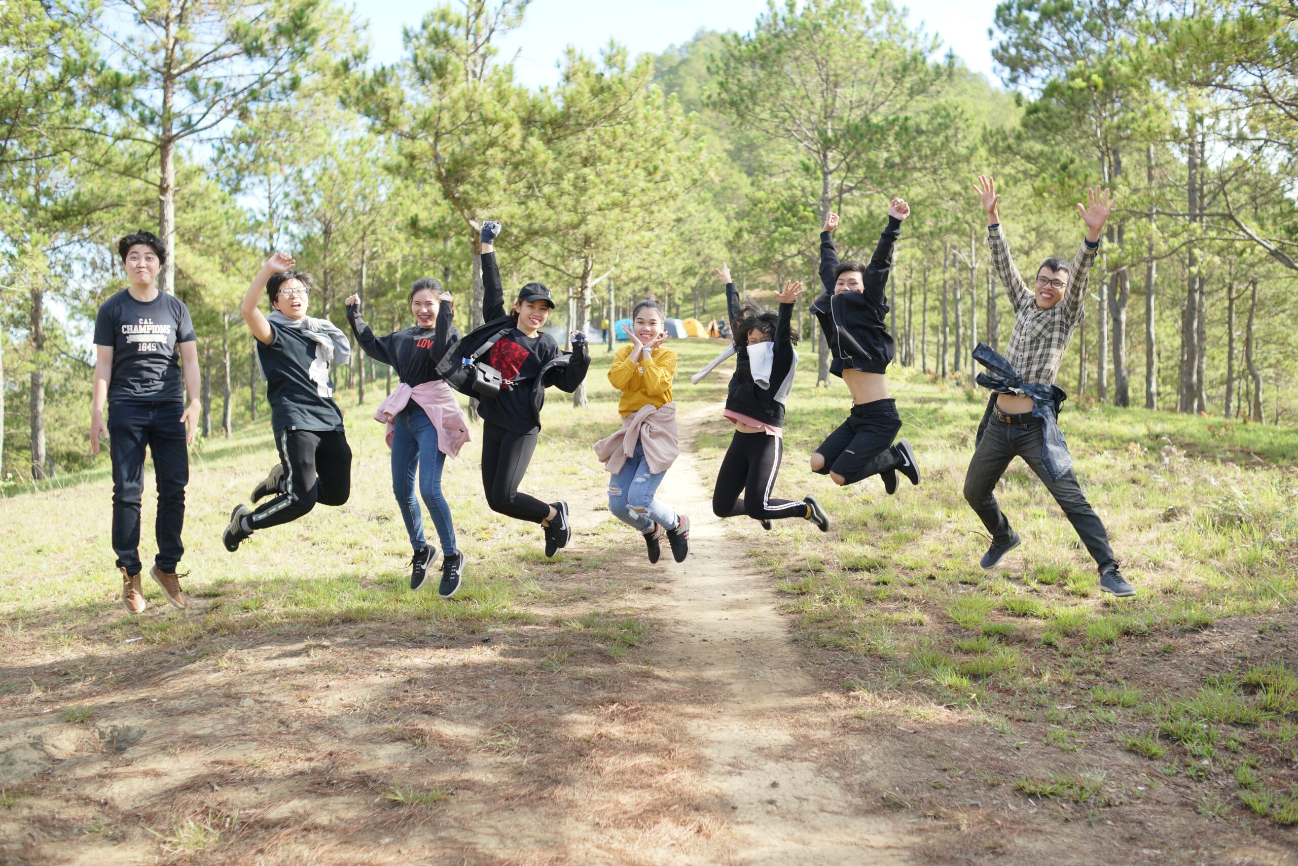 School kids jumping from joy