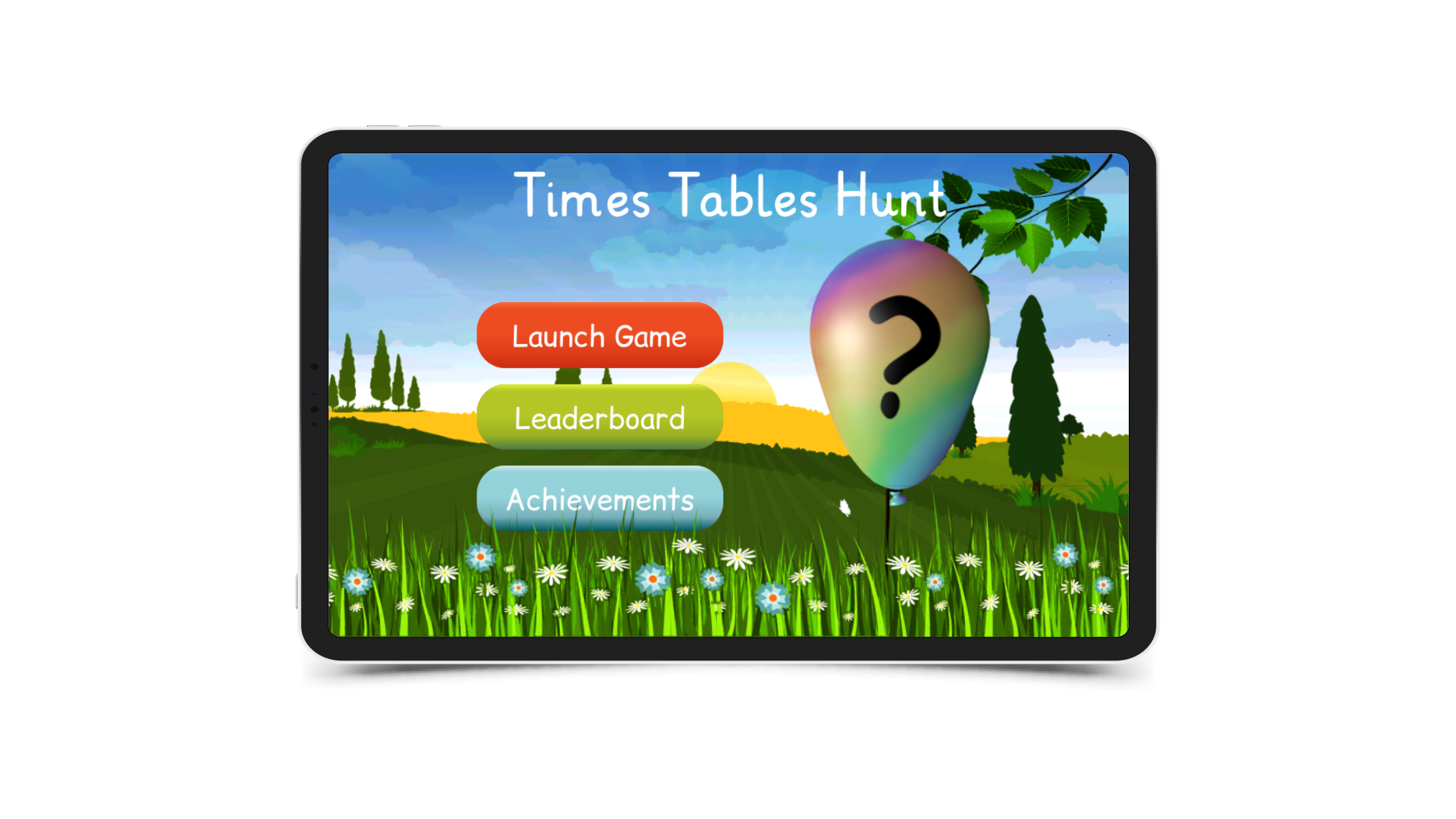 Main menu of Times Tables Hunt on a tablet, the best device for this educational game